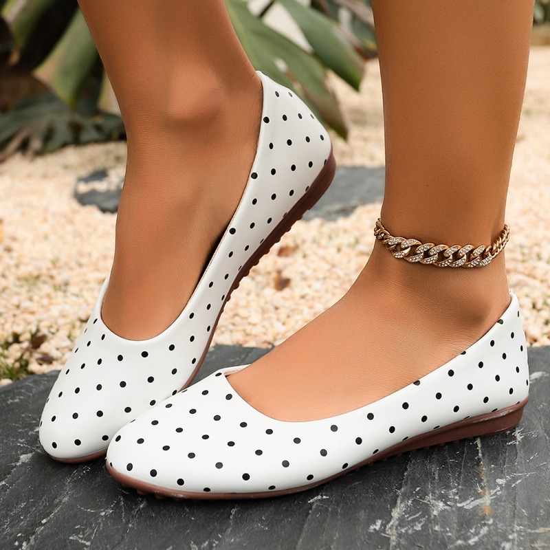 Women Shoes Loafers - Ladies White Polka Dot Flats Round