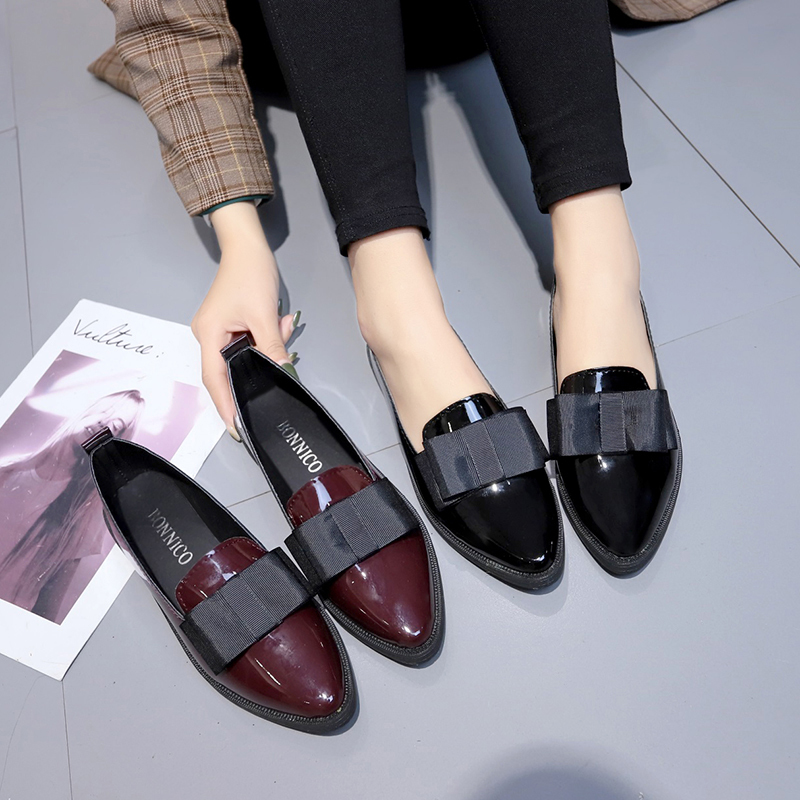 Women Shoes Loafers - Black/ Wine Red Patent Leather Pointed
